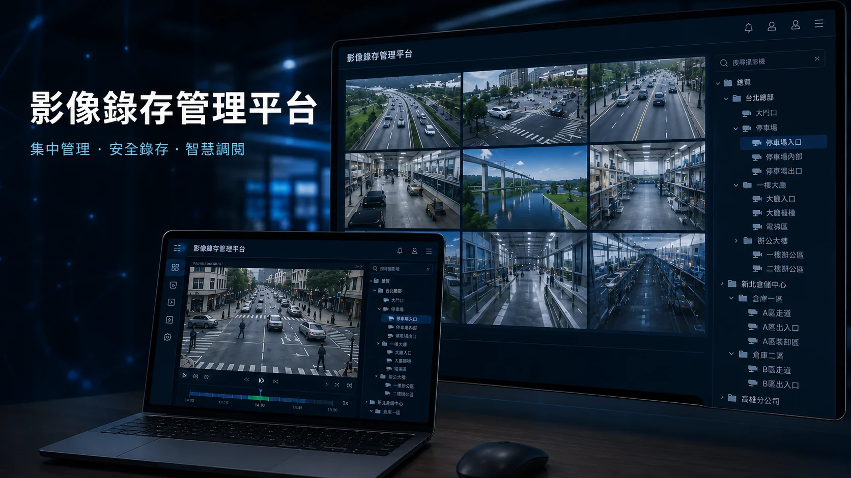 具備多路影像與攝影機樹狀清單的影像錄存管理平台示意